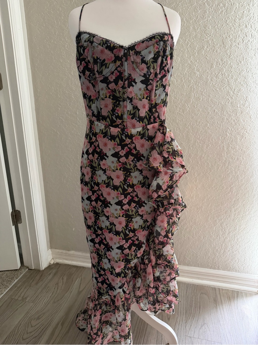 Astr Black Floral Ruffle High-Low Midi Dress with Pink Flowers